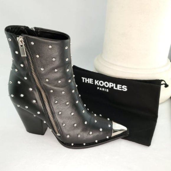 The Kooples Shoes - THE KOOPLES Heeled Leather Pointed Ankle Boots with Studs in Black & Silver
